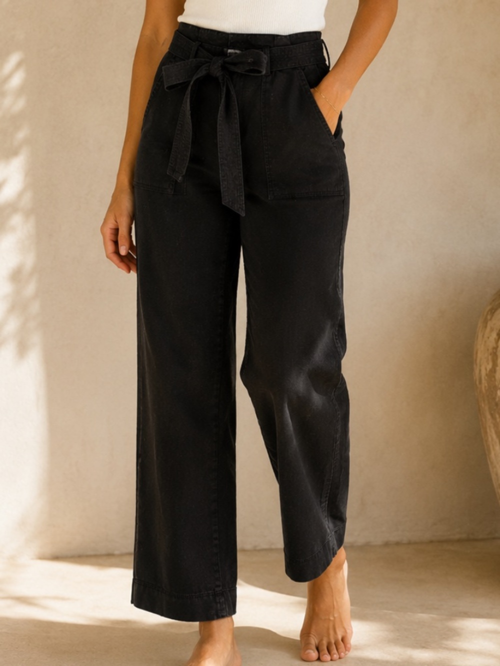 o'niell black paperbag waist utility pants tie belt straight leg size m